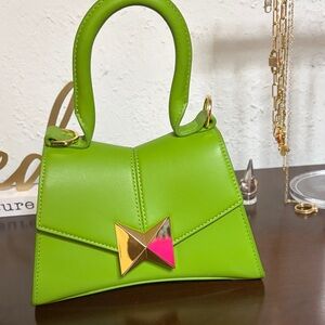 Mac Duggal Lime Green Mini Top-Handle Bag with Gold & Pink Accent